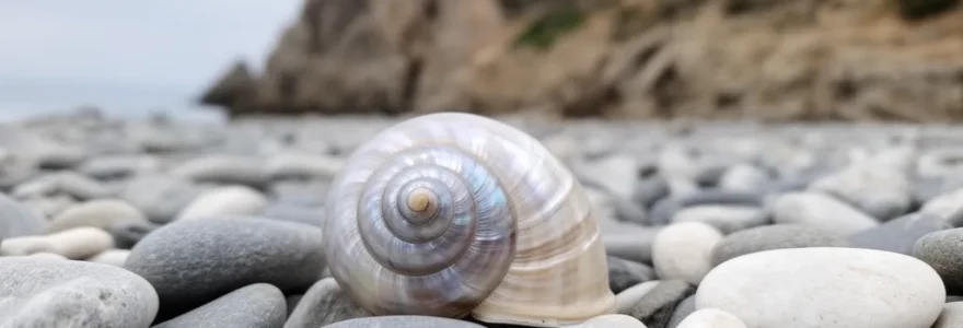Opercule œil de Sainte Lucie posé sur galets gris et blancs d'une plage méditerranéenne