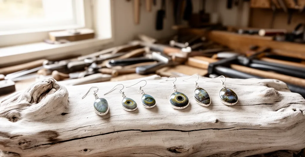 Collection de bijoux œil de Sainte Lucie disposés sur bois flotté dans un atelier artisan